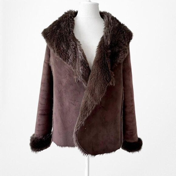 Vintage Y2K Brown Faux Fur Lined Suede Jacket Coat Cardigan Size M - Picture 3 of 7